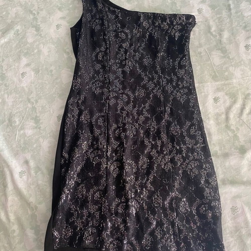 Scandalo black mini dress with one shoulder and rhinestones new