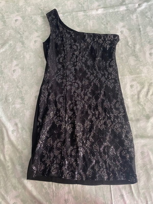 Scandalo black mini dress with one shoulder and rhinestones new