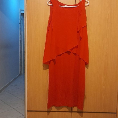 Long elastic dress with sheer top used, red coral
