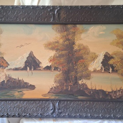 Vintage large painting with embossed technique and ornate frame
