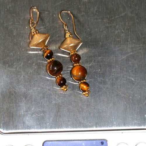 Gold earrings with tiger's eye and 22K gold-plated clasp new