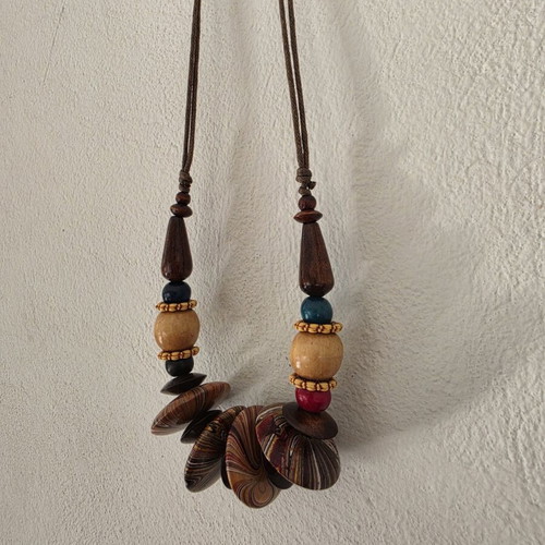 Boho statement necklace new, wooden beads in earthy tones