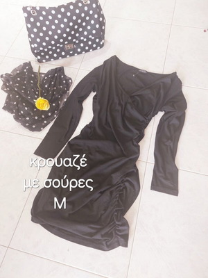 Black elastic wrap dress with ruching, size M, like new