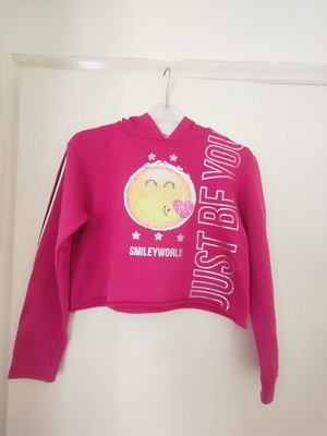 SmileyWorld Fuchsia Cropped Hoodie with Reversible Sequins like new, 140 cm