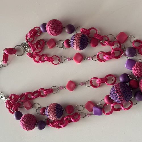 Handmade boho statement necklace with crochet and wooden beads