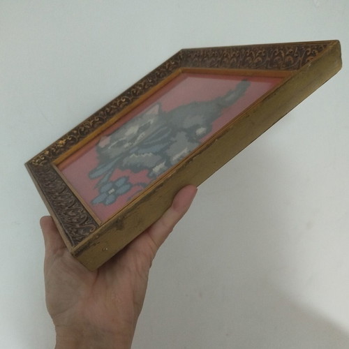 Vintage embroidered cat painting with frame and glass, like new