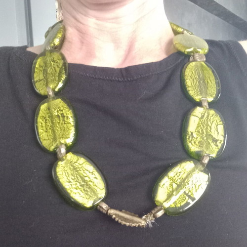 Necklace with glass beads and brass elements handmade like new, green and gold