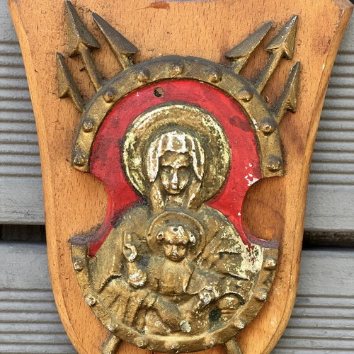 Nautical Religious Shield Panagia Vrefokratousa used, wooden base 23.5 cm