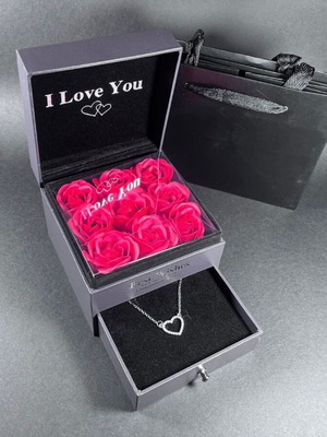 Λουξ κουτί με 9 αιώνια τριαντάφυλλα και κολιέ νέο, γκρι