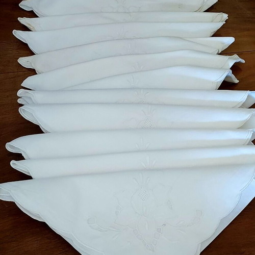 Table napkins used, set of 12, cotton or linen with cutwork embroidery