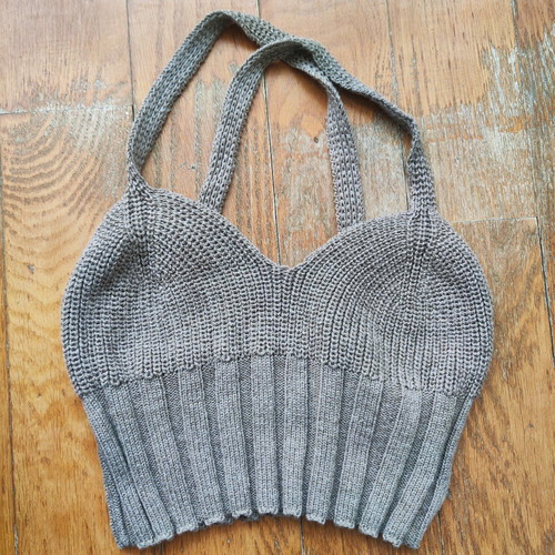Knit Crop Top with Cross-Back Straps Taupe like new