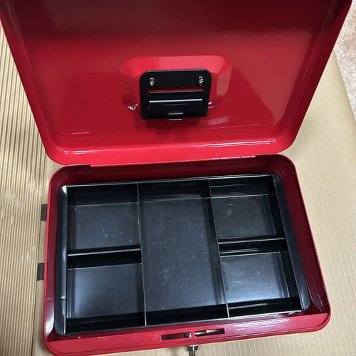 Red metal cash box with lock and key