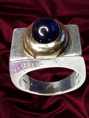 Luxury ring used silver 950 and 14K gold with blue cabochon