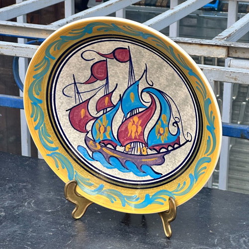 Collectible ceramic decorative plate Athens signed with sailboat 29.5cm used