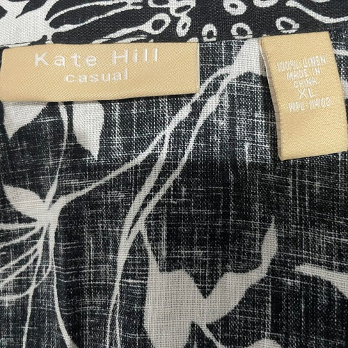 Kate Hill women's short-sleeve linen shirt like new, black and white floral