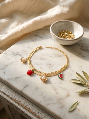 Double stainless steel bracelet with brass decorative charms