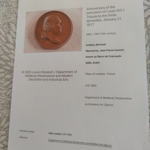 Louis XVIII Bronze Medal by Andrieu, like new, anniversary of Louis XVI execution