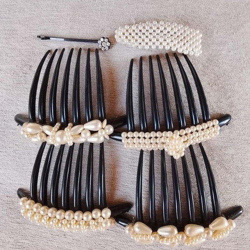 Set of 4 large pearl hair combs with rhinestone clip and pearl barrette