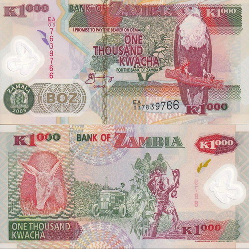 Zambia 1,000 Kwacha 2011 polymer banknote new