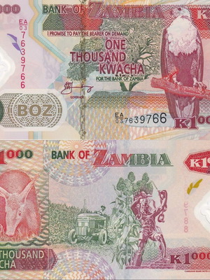 Zambia 1,000 Kwacha 2011 polymer banknote new