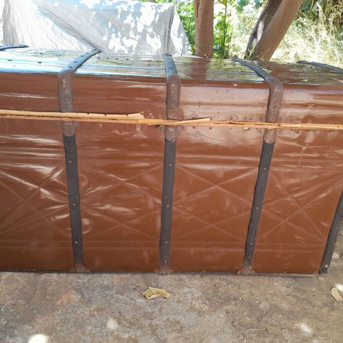 Large antique chest used with iron and wood design