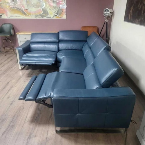 Turquoise Blue Leather Corner Sofa Torres with Electric Relax Mechanism New