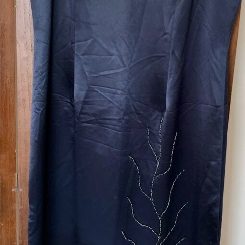 Vintage Pharmakis evening dress like new, dark blue satin with embroidery