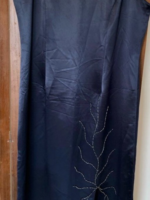 Vintage Pharmakis evening dress like new, dark blue satin with embroidery