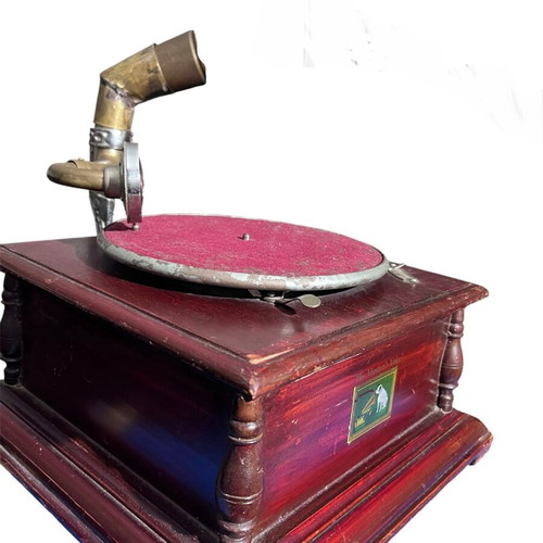 Vintage Gramophone used, His Master's Voice, functional with wooden base