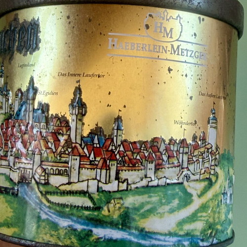 Vintage metal tin box Haeberlein-Metzger with Nuremberg city illustration