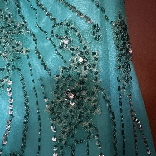Charly evening dress like new, 100% silk turquoise with bead embroidery