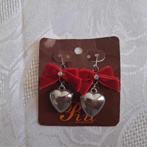 Piu Accessories Red Velvet Bow And Silver Heart Earrings New With Tag