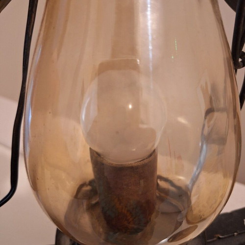 Vintage hanging lamp used, wrought iron and hand-painted ceramic shade