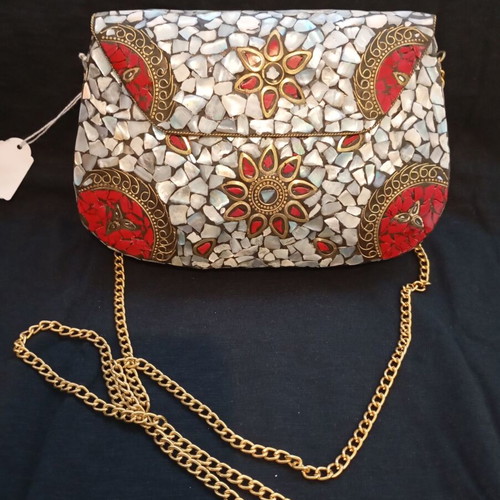 Handmade metal mosaic clutch with mother of pearl and gold chain, like new