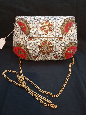 Handmade metal mosaic clutch with mother of pearl and gold chain, like new