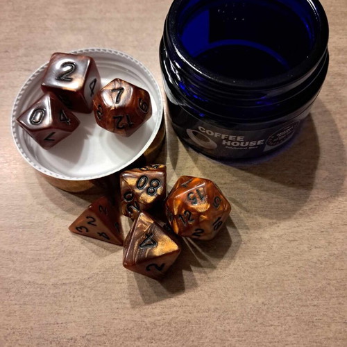 Coffee House glass dice holder with coffee D&D dice set