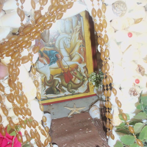 Handmade Icon Stand with Seashells used, folk art