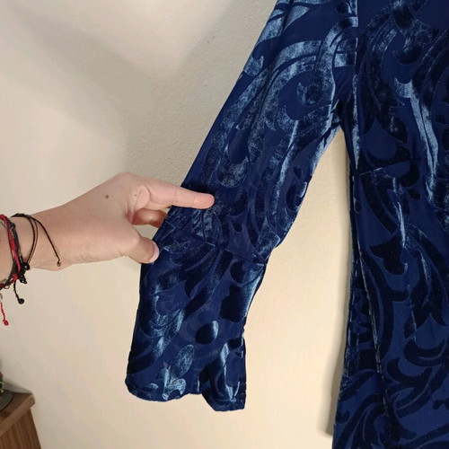 Bodyflirt Velvet Shirt Navy Blue Like New With Sheer Details And Pattern