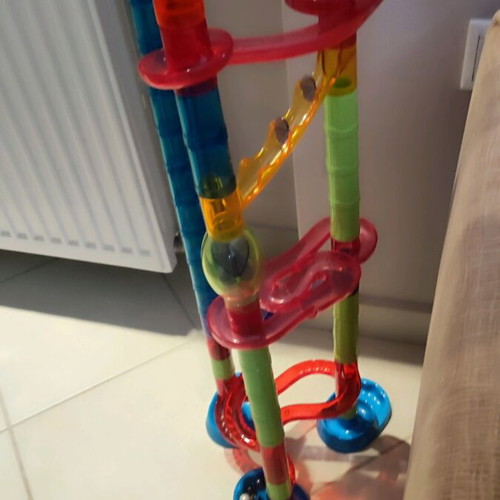 Marble run toy used, assembly game with 10 marbles