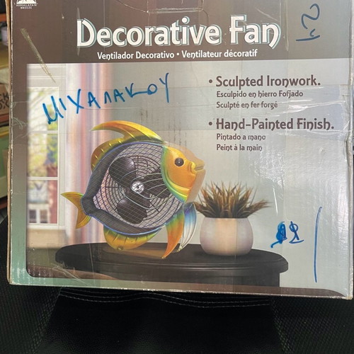Fish-shaped decorative table fan new, hand painted sculpted ironwork
