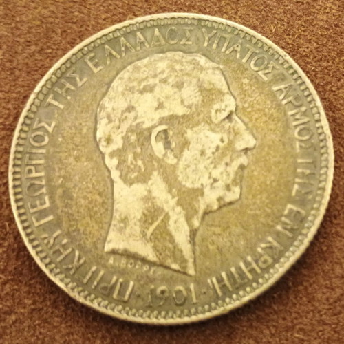 5 Drachmae 1901 Cretan State coin used, VF 25-30 condition