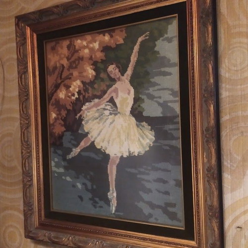 Wall frame with handmade embroidery ballerina, like new, 63x52 cm