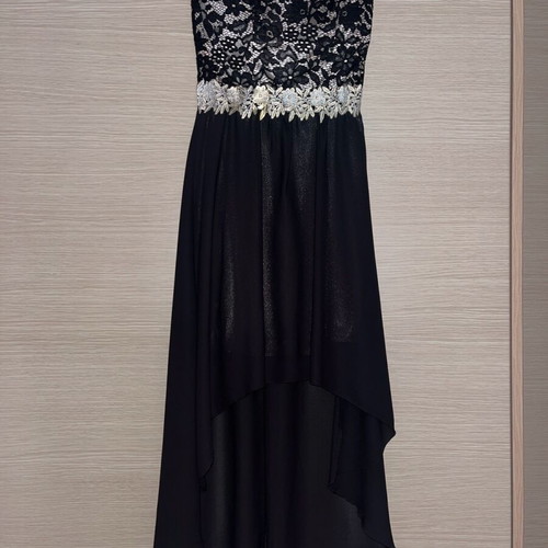 Strapless dress for reception like new, asymmetrical, black with gold