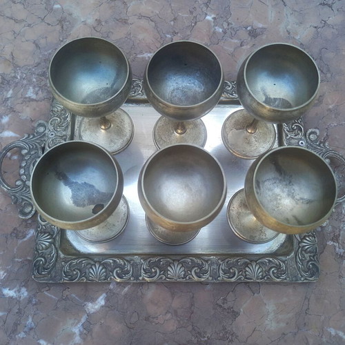 Silver-plated liqueur set used, 7 pieces vintage antique