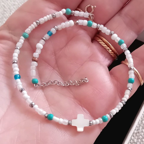 Anklet with 925 silver clasp, handmade with beads and cross, like new