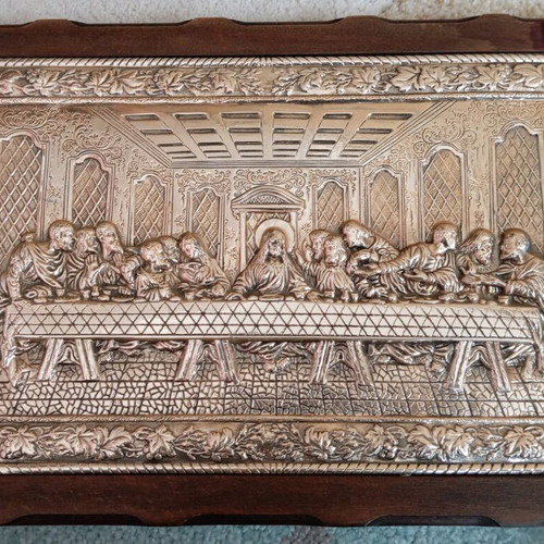 Silver relief Last Supper decoration on wooden base like new