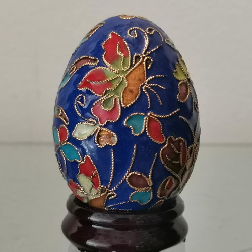 Cloisonne egg used, vintage blue with butterflies on wooden base