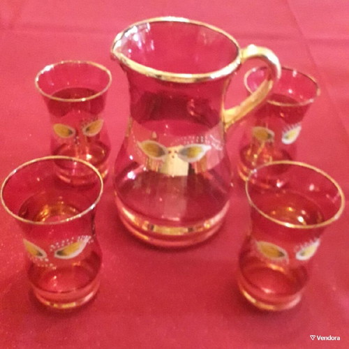 Vintage collectible wine serving set from Bohemian glass red color new