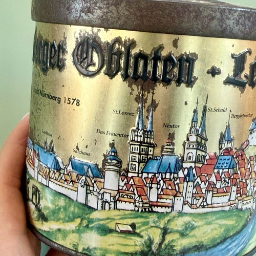Vintage metal tin box Haeberlein-Metzger with Nuremberg city illustration