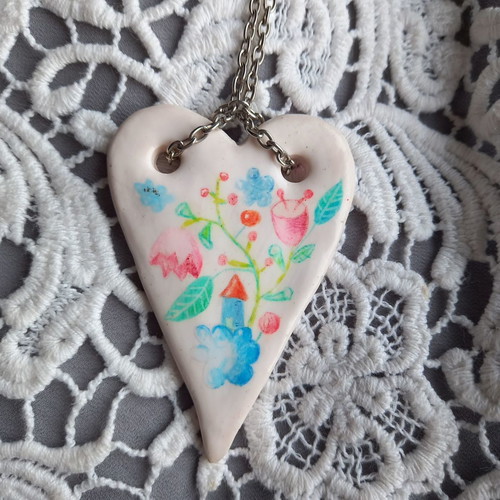 Handmade heart-shaped pendant made of polymer clay new